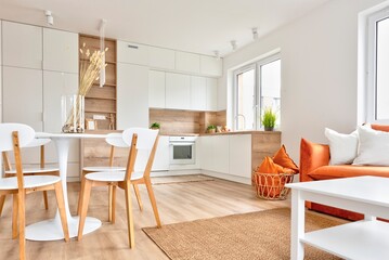 Kitchen with dining room and living room in one open space in apartment. Modern furniture of...