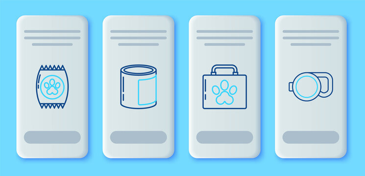Set line Canned food, Pet first aid kit, Bag of for pet and Retractable cord leash icon. Vector © Oksana
