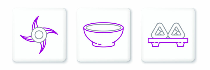 Set line Sushi on cutting board, Japanese ninja shuriken and Bowl of hot soup icon. Vector
