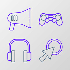 Set line Arrow cursor, Headphones, Gamepad and Megaphone icon. Vector