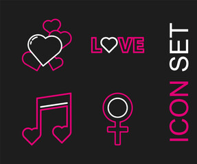 Set line Female gender symbol, Music note, tone with hearts, Love text and Heart icon. Vector