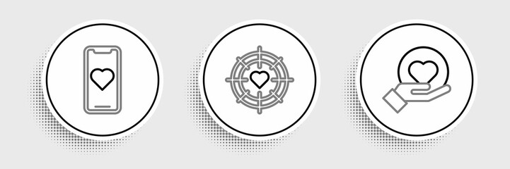 Set line Heart on hand, Mobile phone with heart and in the center of darts target aim icon. Vector