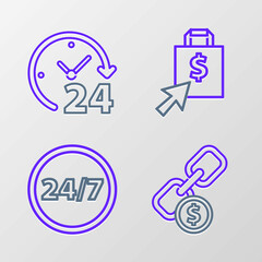 Set line Chain link and coin, Clock 24 hours, Shoping bag dollar and icon. Vector