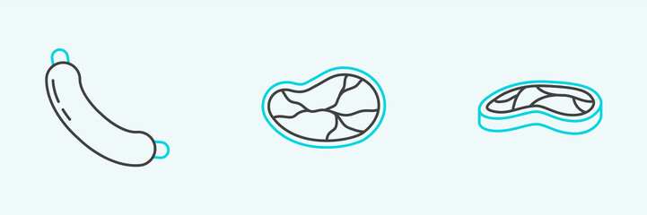 Set line Steak meat, Sausage and icon. Vector