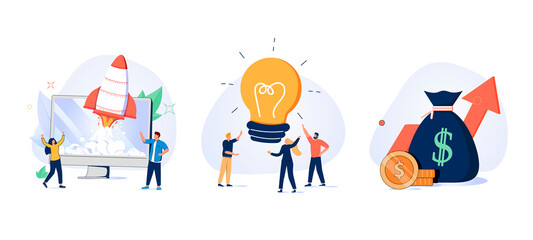 Business ideas vector illustration. Flat tiny creative work persons concept.Startup accelerator, venture investment fund - obrazy, fototapety, plakaty