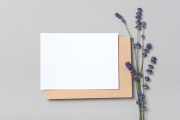 Real photo. Square invitation white greeting card mockup with a a flowers lavender branch on a craft envelope. Top view with copy space, pastel grey background. Template for branding and advertising