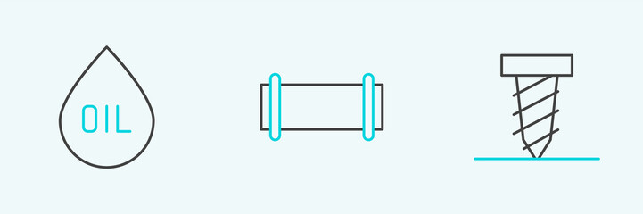 Set line Rotating drill digging a hole, Oil drop and Industry pipe icon. Vector