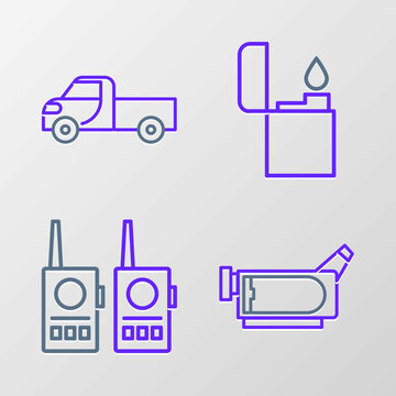 Set line Cinema camera, Walkie talkie, Lighter and Pickup truck icon. Vector