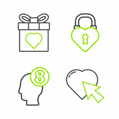 Set line Heart and cursor click, 8 March in human head, Castle the shape of heart and Gift box icon. Vector