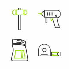 Set line Roulette construction, Cement bag, Electric drill machine and Sledgehammer icon. Vector