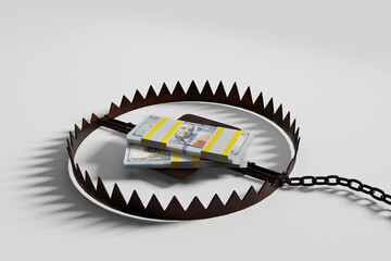 Stacks of US banknotes placed in a bear trap with a metallic chain as bait to illustrate the concept of money deceit.