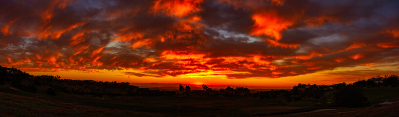 Winter storm fiery sunset over San Diego, California.