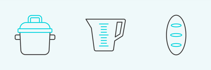 Set line Bread loaf, Cooking pot and Measuring cup icon. Vector