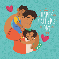 Cute father cartoon playing with his children Happy father day Vector