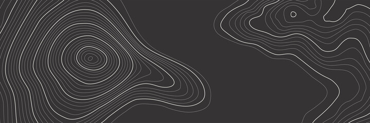 The stylized height of the topographic map contour in lines and slim contours. White on black. Concept of a conditional geography scheme and the terrain path, earth. Vector illustration. - obrazy, fototapety, plakaty