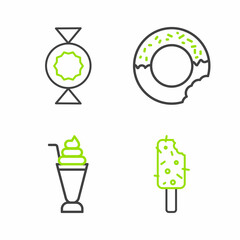 Set line Ice cream, Milkshake, Donut and Candy icon. Vector