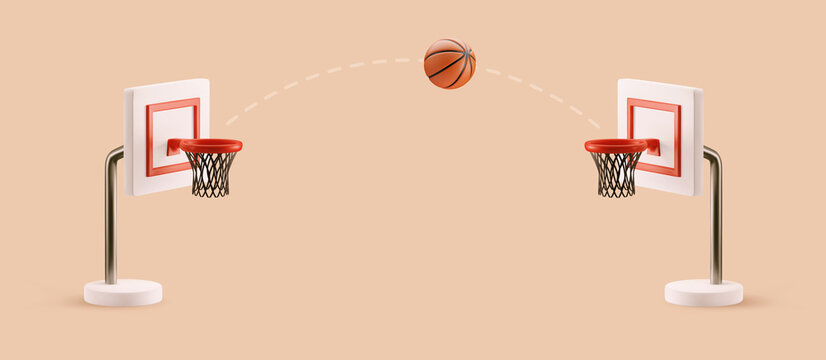 3d vector cartoon basketball field design elements. Basketball hoops with flying ball on orange background web banner.