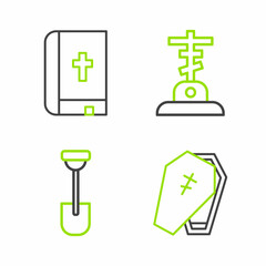 Set line Coffin with cross, Shovel, Grave and Holy bible book icon. Vector