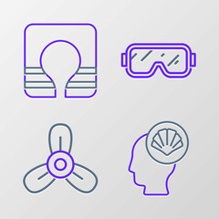 Set line Scallop sea shell, Boat propeller, turbine, Diving mask and Life jacket icon. Vector