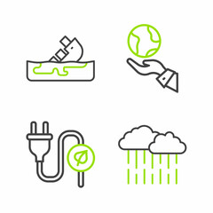 Set line Cloud with rain, Electric saving plug leaf, Hands holding Earth globe and Wrecked oil tanker ship icon. Vector