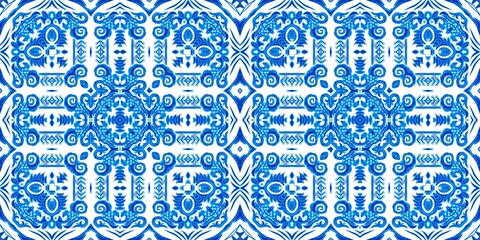  Blue white watercolor azulejo tile border background. Seamless coastal geometrical floral mosaic effect banner. Ornamental arabesque summer fashion repeat edge trim.
