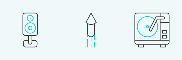 Set line Vinyl player with vinyl disk, Stereo speaker and Firework rocket icon. Vector