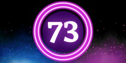 Number 73. Banner with the number seventy three on a black background and blue and purple details with a circle purple in the middle