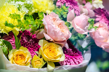 Bouquets of flowers on the window of a flower shop