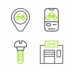 Set line Bicycle repair service, Metallic screw, rental mobile app and Location with bicycle icon. Vector