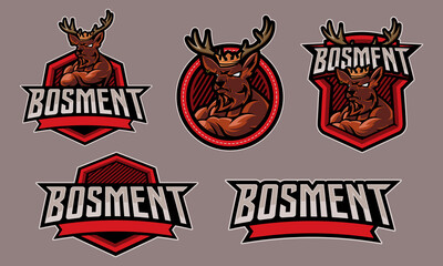 Various kinds of esport logo named BOSMENT with the symbol of a muscular brown deer. Vector illustration.