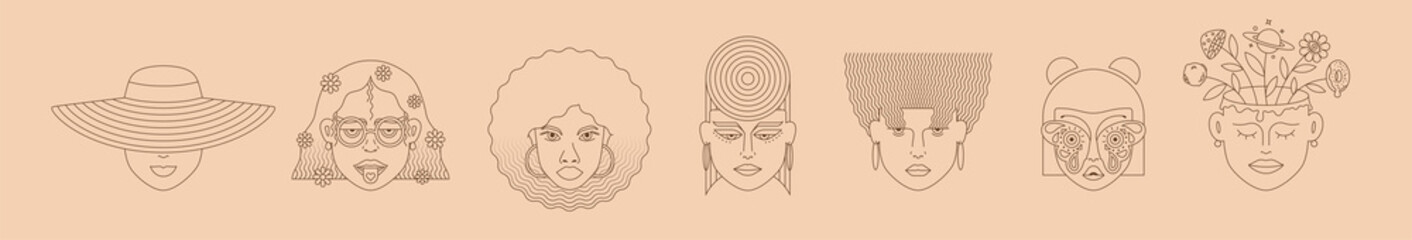 Set fashion design head girls with different hairstyle in minimalistic outline boho style vector illustration