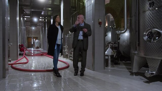 Senior vintner guiding a female visitor through his winery, explaining the process and equipment in wine industry at production cellar by using tablet, wide shot.