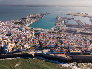 Aerial view from drone of town Cadiz with buildings and port, Spain