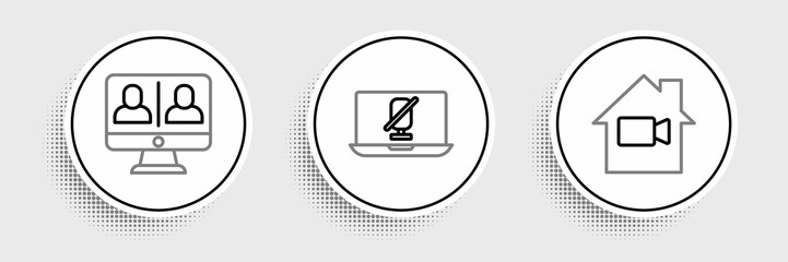 Set line Video camera Off in home, chat conference and Mute microphone laptop icon. Vector