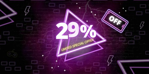 29% off limited special offer. Banner with twenty nine percent discount on a black background with purple triangles neon