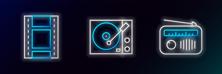 Set line Radio with antenna, Play Video and Vinyl player icon. Glowing neon. Vector