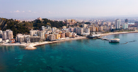 Bird's eye view of Ventus Harbor placed on Albanian Adriatic Sea Coast in city of Durres.