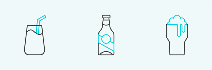 Set line Glass of beer, Cocktail and Beer bottle icon. Vector
