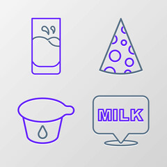 Set line Lettering milk, Yogurt container, Cheese and Glass with icon. Vector