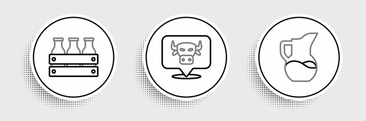 Set line Milk jug or pitcher, Bottled milk in wooden box and Cow head icon. Vector