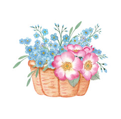 A bouquet of wildflowers in a basket . Watercolour. Rosehip, Forget-me-Nots.