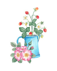 Bouquet of strawberries with rosehip. Watercolour. Wild berry.