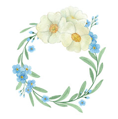 A wreath of forget-me-nots and white rosehip flowers. Joy. Holiday. Watercolour.