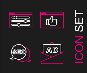 Set line Advertising, SEO optimization, Customer product rating and Browser setting icon. Vector