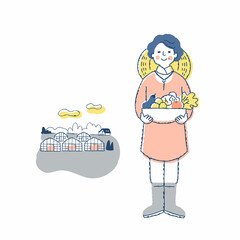 収穫物を持っている農家の女性とビニールハウス