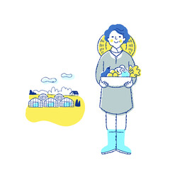 収穫物を持っている農家の女性とビニールハウス
