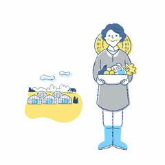 収穫物を持っている農家の女性とビニールハウス