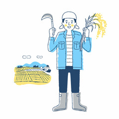 稲穂を持っている稲作農家の男性と田んぼ