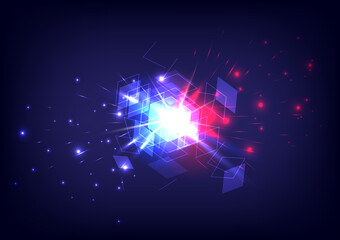 Abstract neon lighting background. Cube explosion. Ray and sparking box. Luminous electron. Cosmic power. Energy particle of unboxing