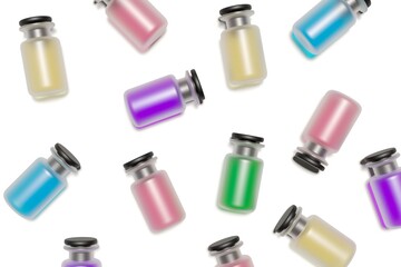 Glass bottles with different colored liquid content and black rubber plug